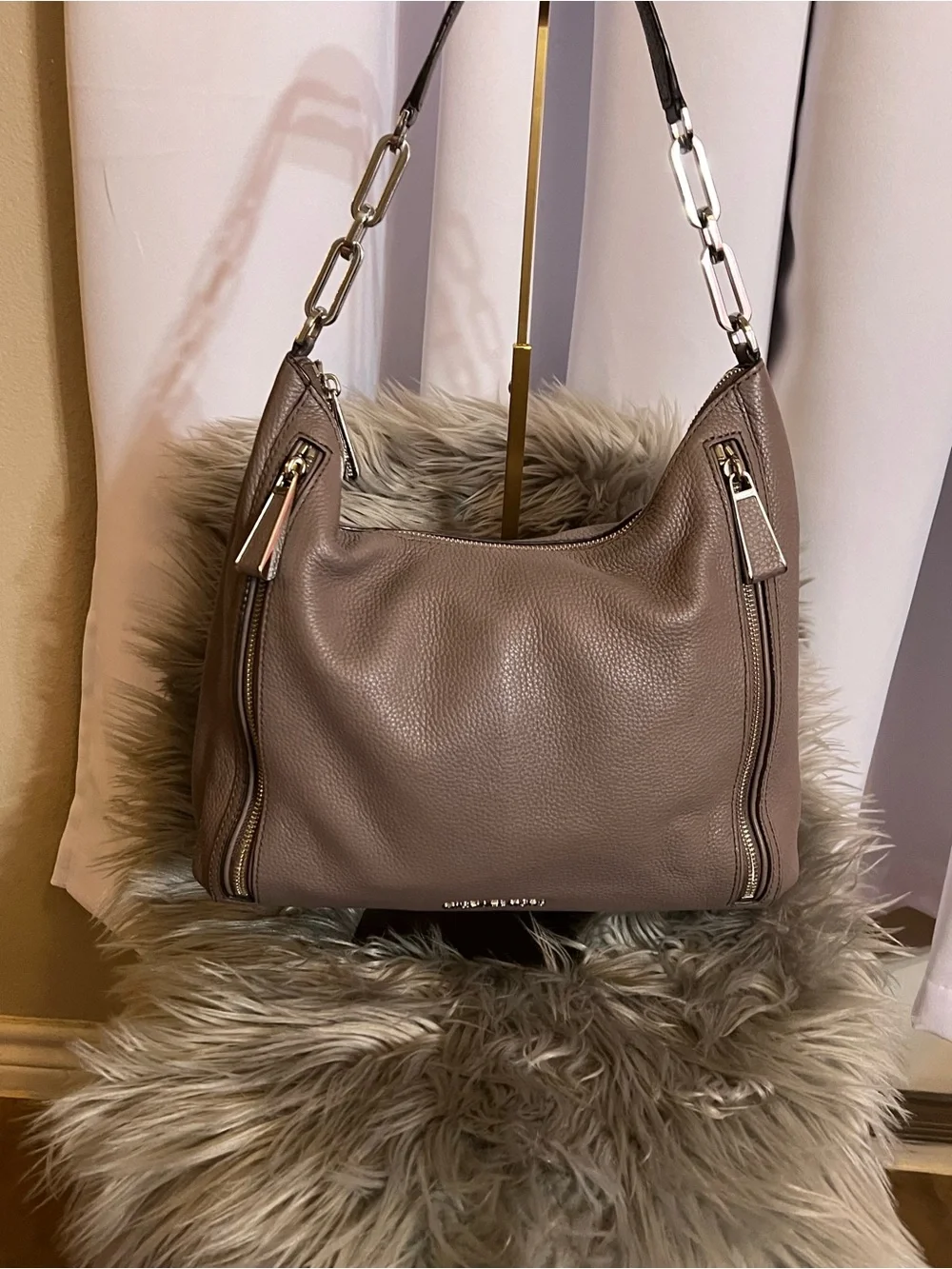Michael Kors Taupe Pebbled Leather Shoulder Bag with Chain Detail. Silver hard